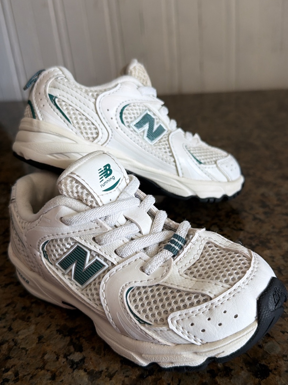 New Balance Kids White and Green Running Shoes